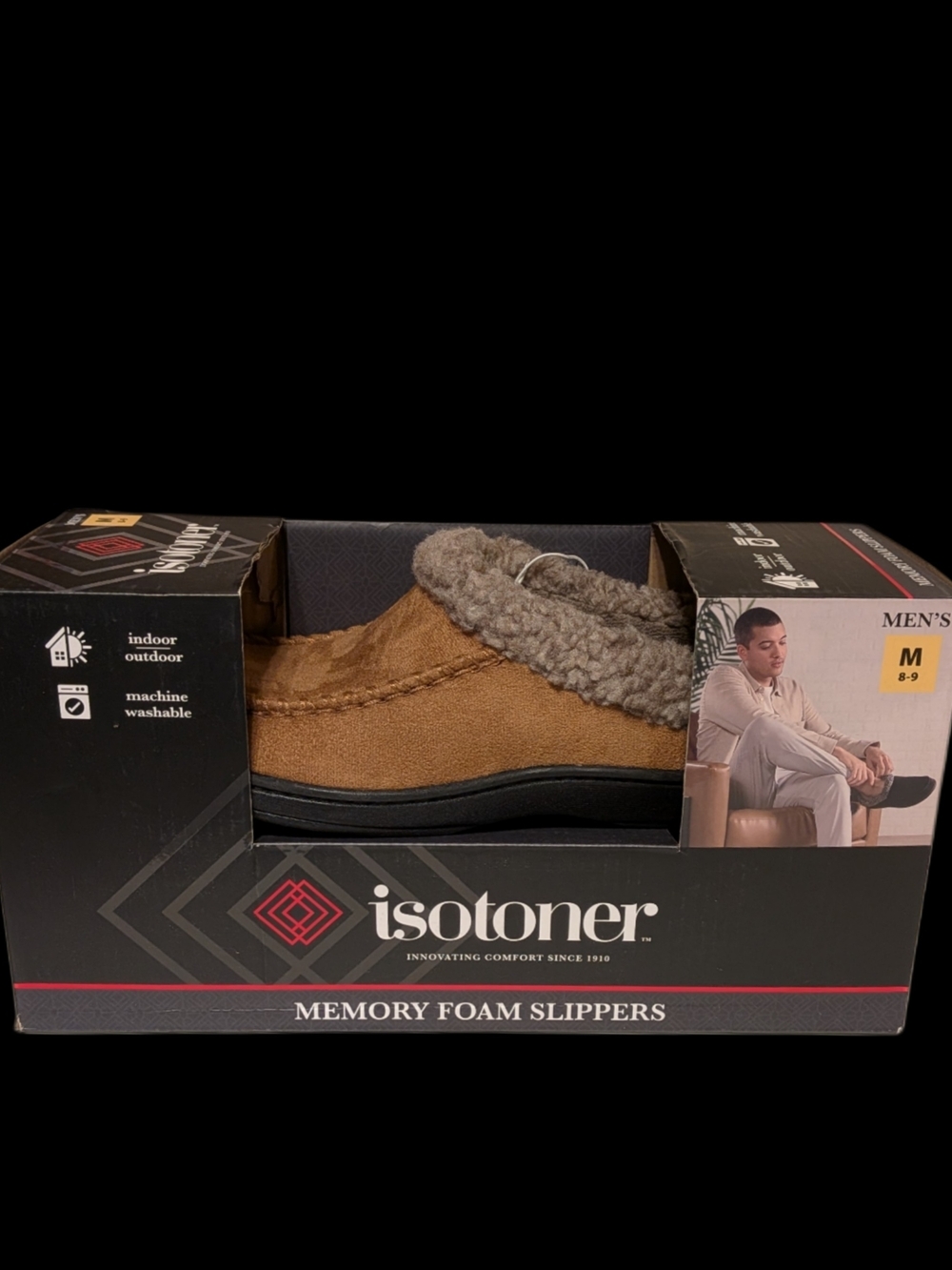 isotoner Men’s Brown Suede-Look Slip-On Memory Foam Slippers
